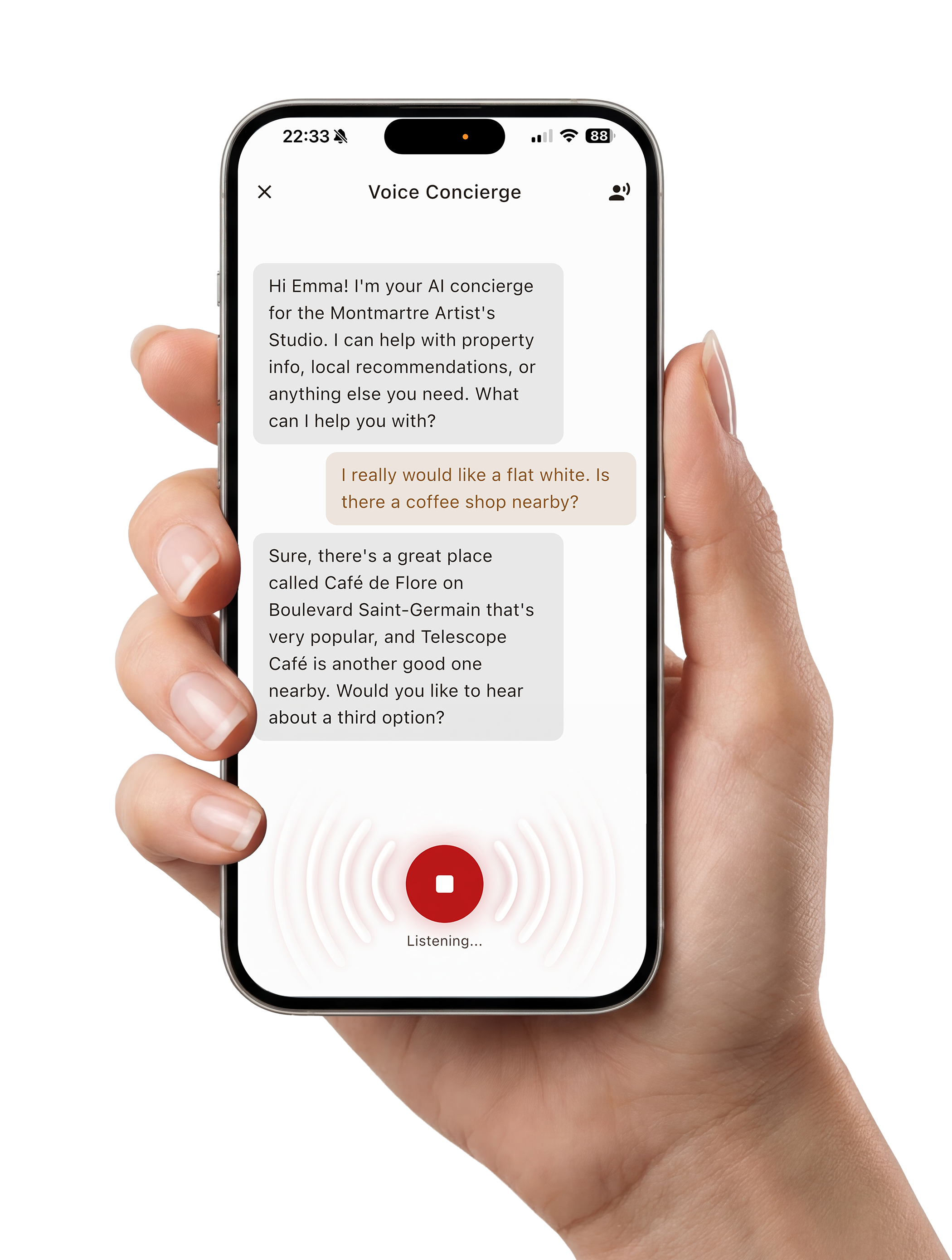 Hand holding iPhone with HJEMSTAY voice concierge and sound waves